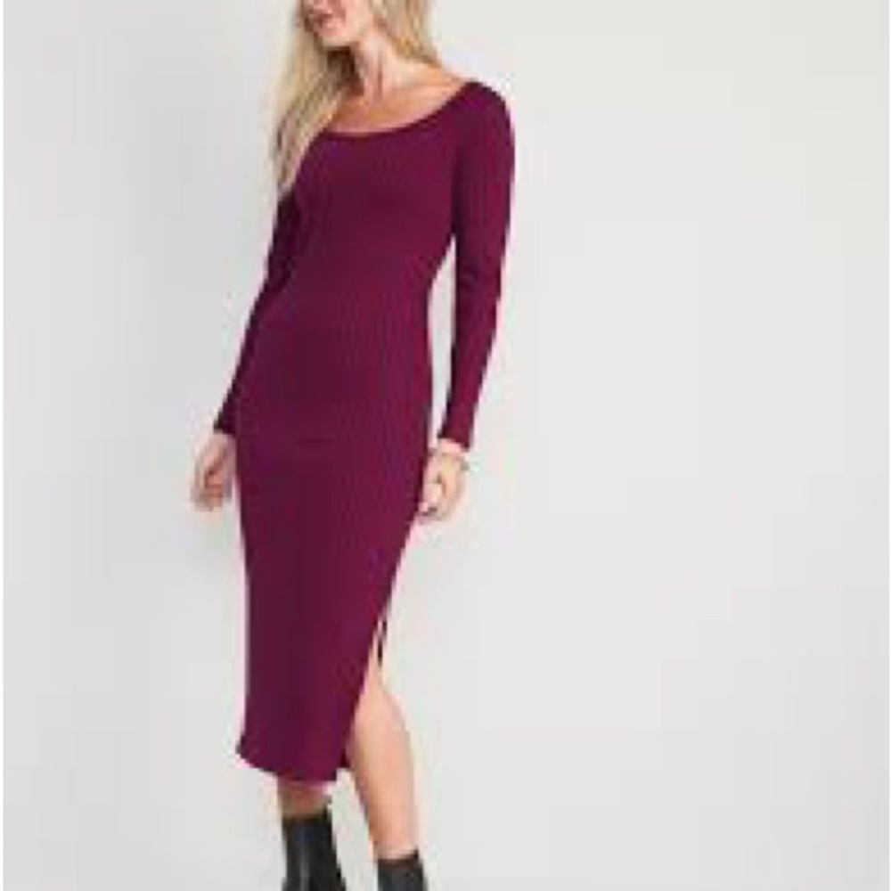 Fitted Long Sleeve Rib Knit Midi Dress in Plumeria